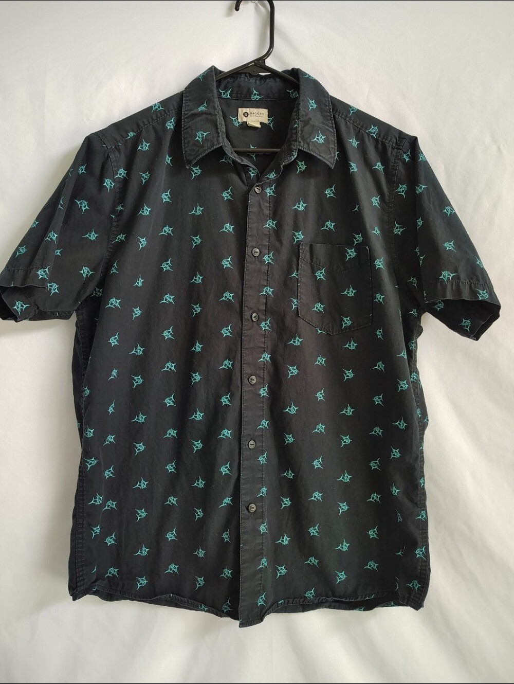 Haggar Black Short-Sleeve Button-Down with Teal Sail Fish Pattern Men's L